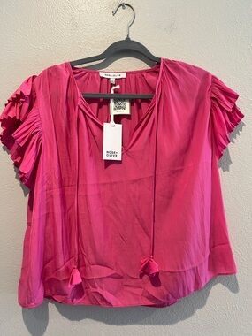 Rose & Olive Vibrant Pink Tie-Front Ruffle Sleeve Blouse